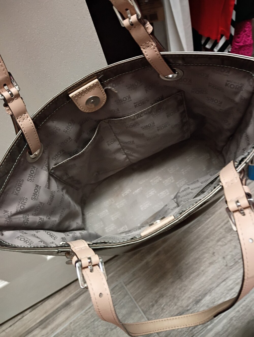 Michael Kors Metallic Silver Tote with Beige Straps - Picture 3 of 4
